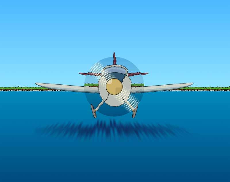 纯css3绘制卡通的海平面上起飞的飞机背景场景特效