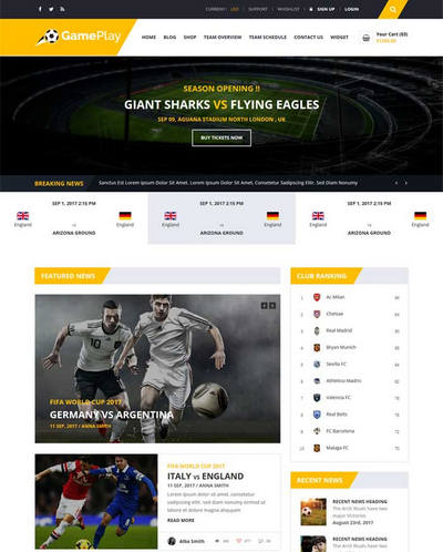 扁平足球运动比赛资讯html网站模板
